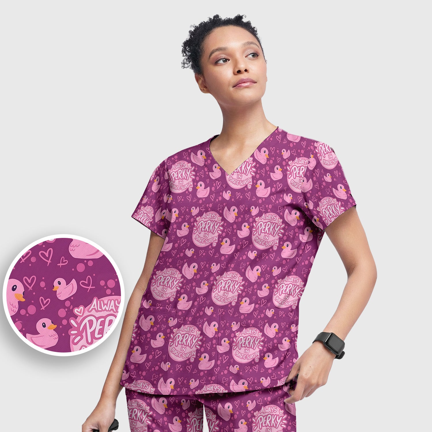 Always Perky Plastic Surgery Duck Pattern Scrub Set, Scrub Pants and V Neck Top
