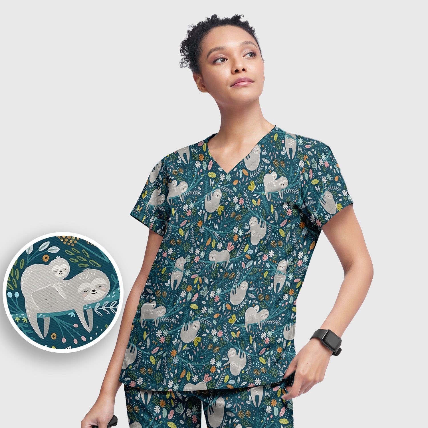 Cute Sloth Jungle Leaf Floral Pattern Scrub Set, Women's Scrub Sets
