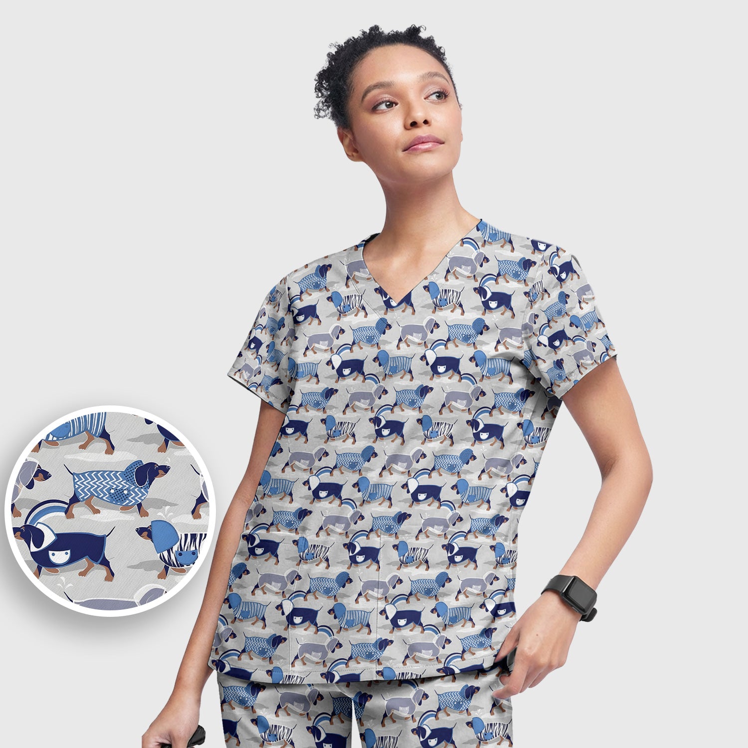Cute Dachshund Raincoat Parade Pattern Scrub Set, Scrub Pants and V Neck Top