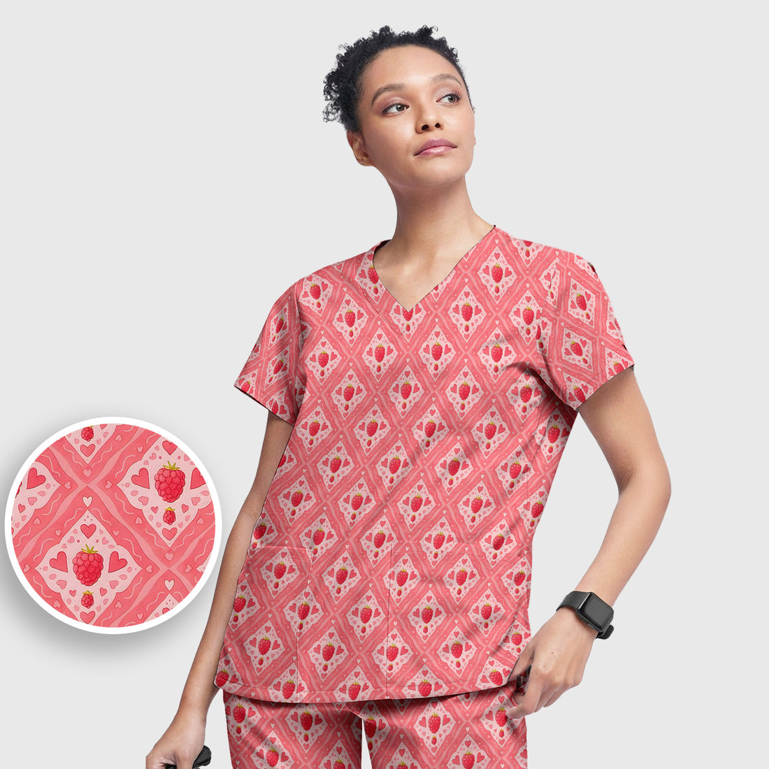 Sweet Red Cherry Gingham Pattern Scrub Set, Scrub Pants and V Neck Top
