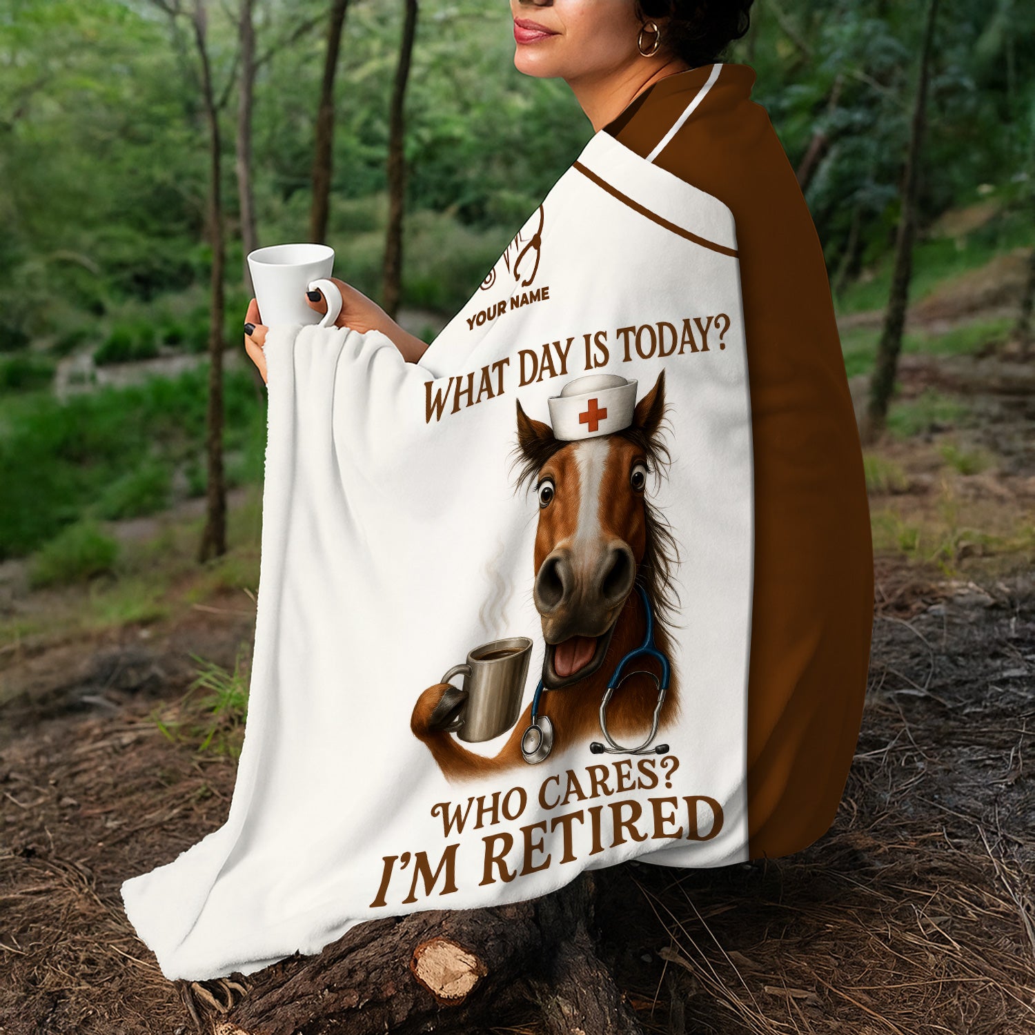 Funny Nurse Retirement Blanket - What Day Is Today? Who Cares I‰Ûªm Retired - Gift for Retired RN LPN with Horse & Coffee Design