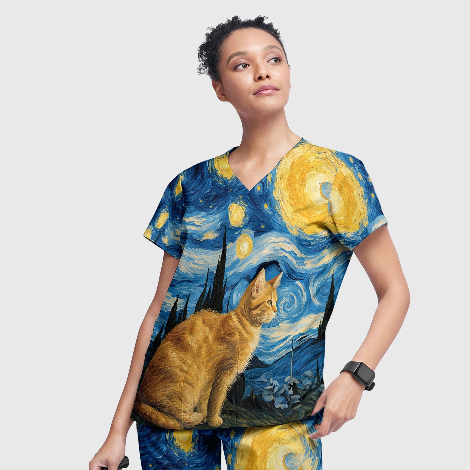 Swirling Moonlit Cat Scene Print Scrub Set, Scrub Pants and V Neck Top