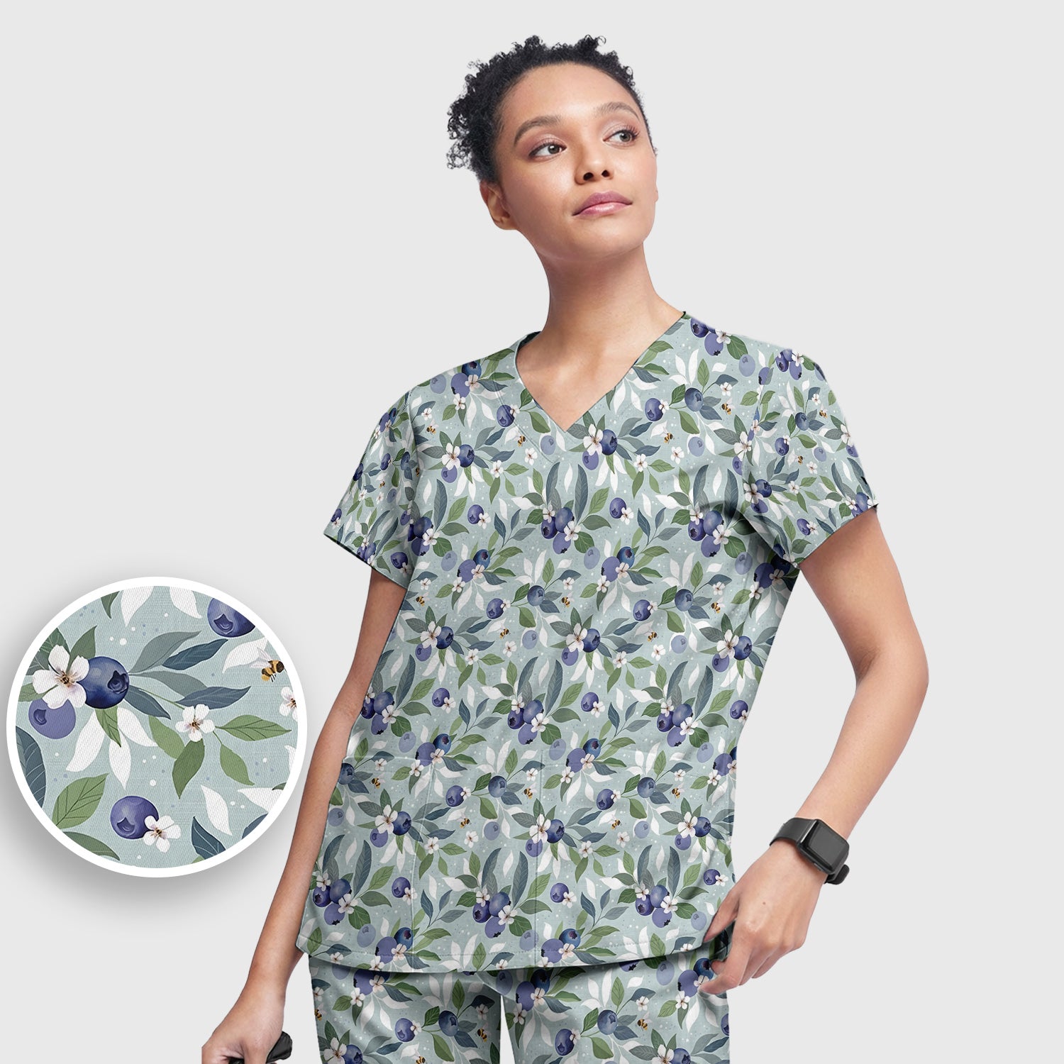 Fresh Blueberry Blossom Garden Pattern Nurse Scrub Set, Scrub Pants and V Neck Top