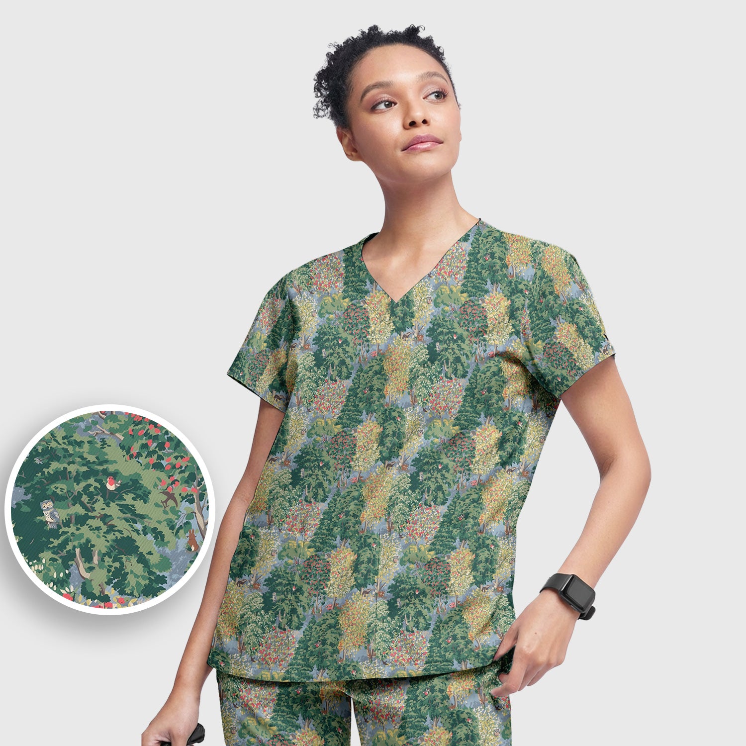 Forest Landscape Pattern Scrub Set, Scrub Pants and V Neck Top
