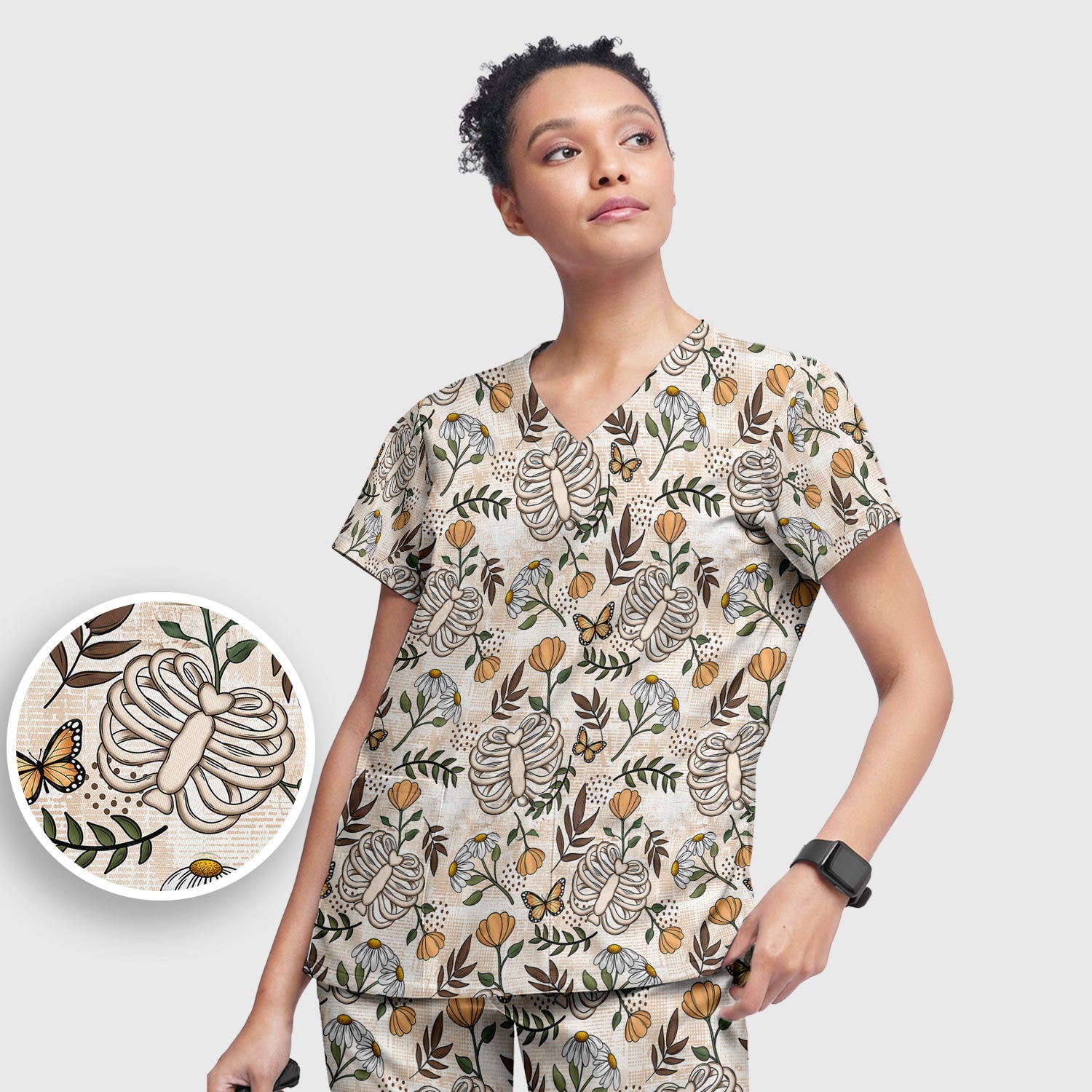 Skeleton Ribcage With Daisy And Butterfly Floral Scrub Set, Scrub Pants and V Neck Top