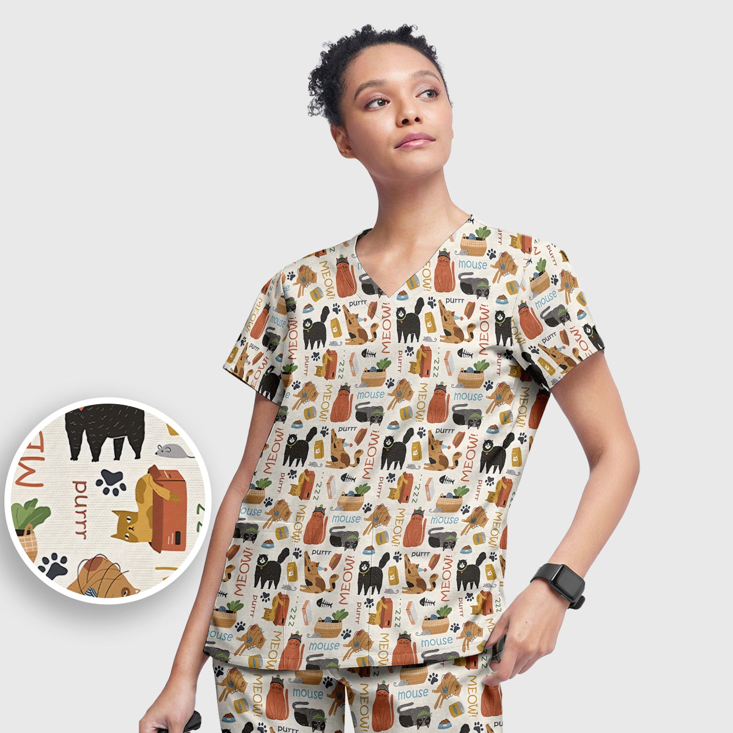 Meow Purr Cat Life Print Scrub Set, Women's Scrub Sets