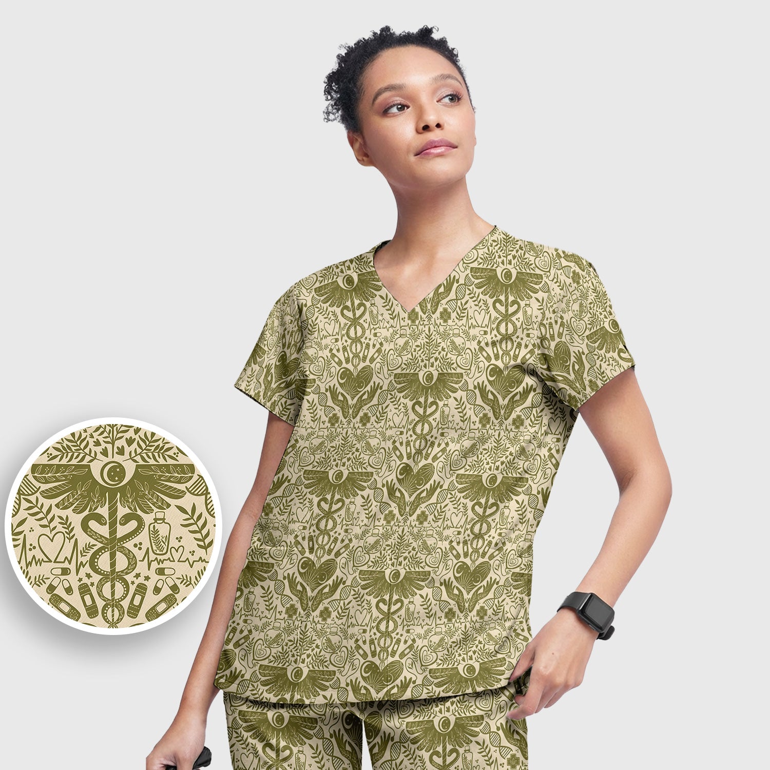 Inspirational Botanical Medical Caduceus Heart Nurse Pattern Scrub Set, Breathable Med Uniform