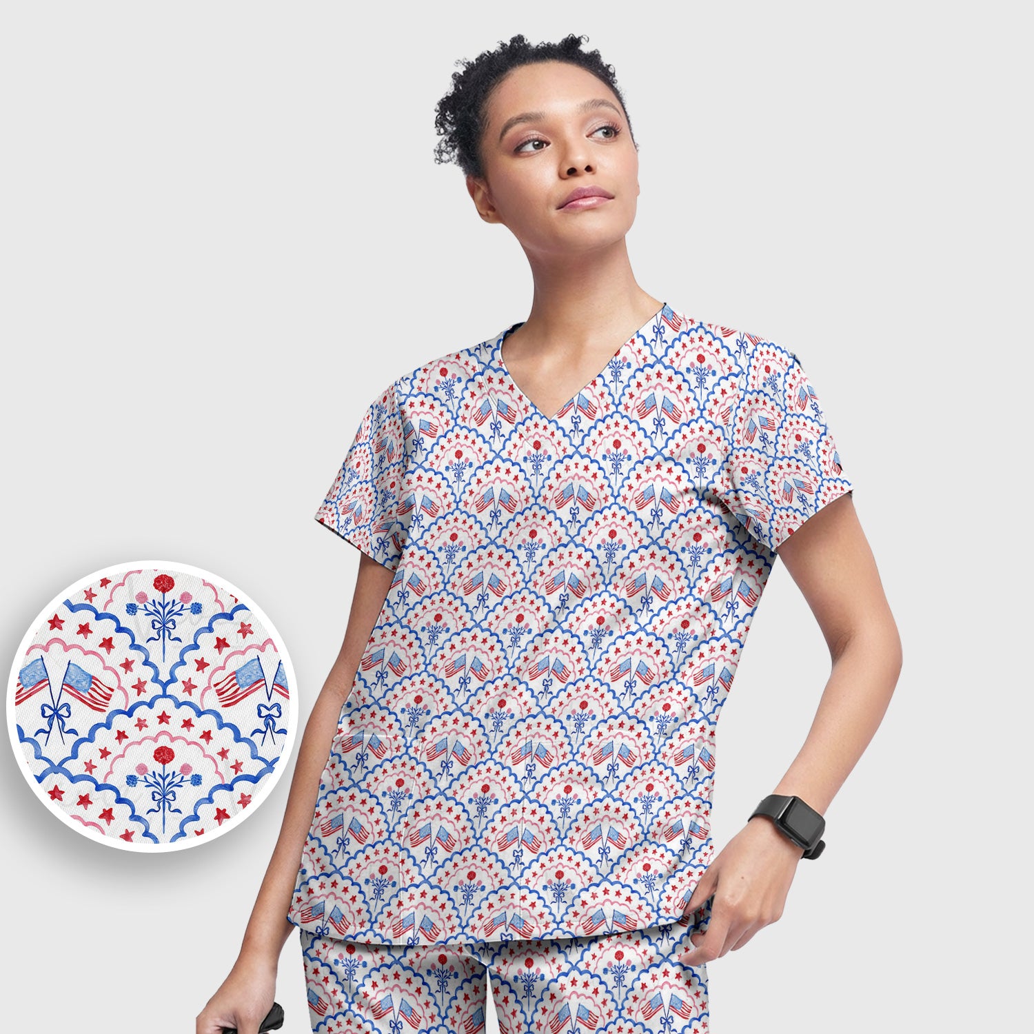 Patriotic Scallop Star Flag Floral Pattern Scrub Set, Scrub Pants and V Neck Top