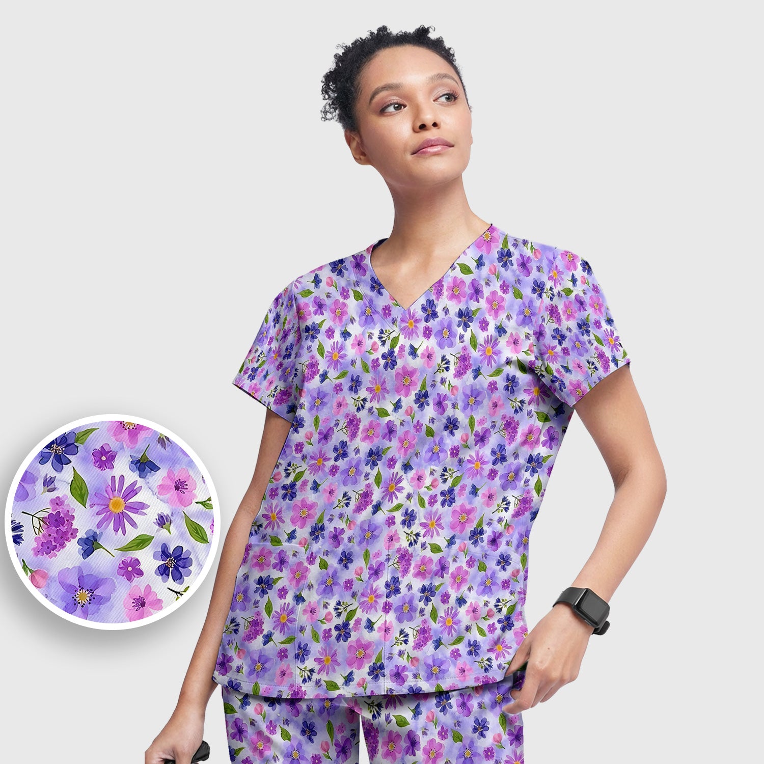 Purple Watercolor Wildflower Bloom Pattern Scrub Set, Scrub Pants and V Neck Top