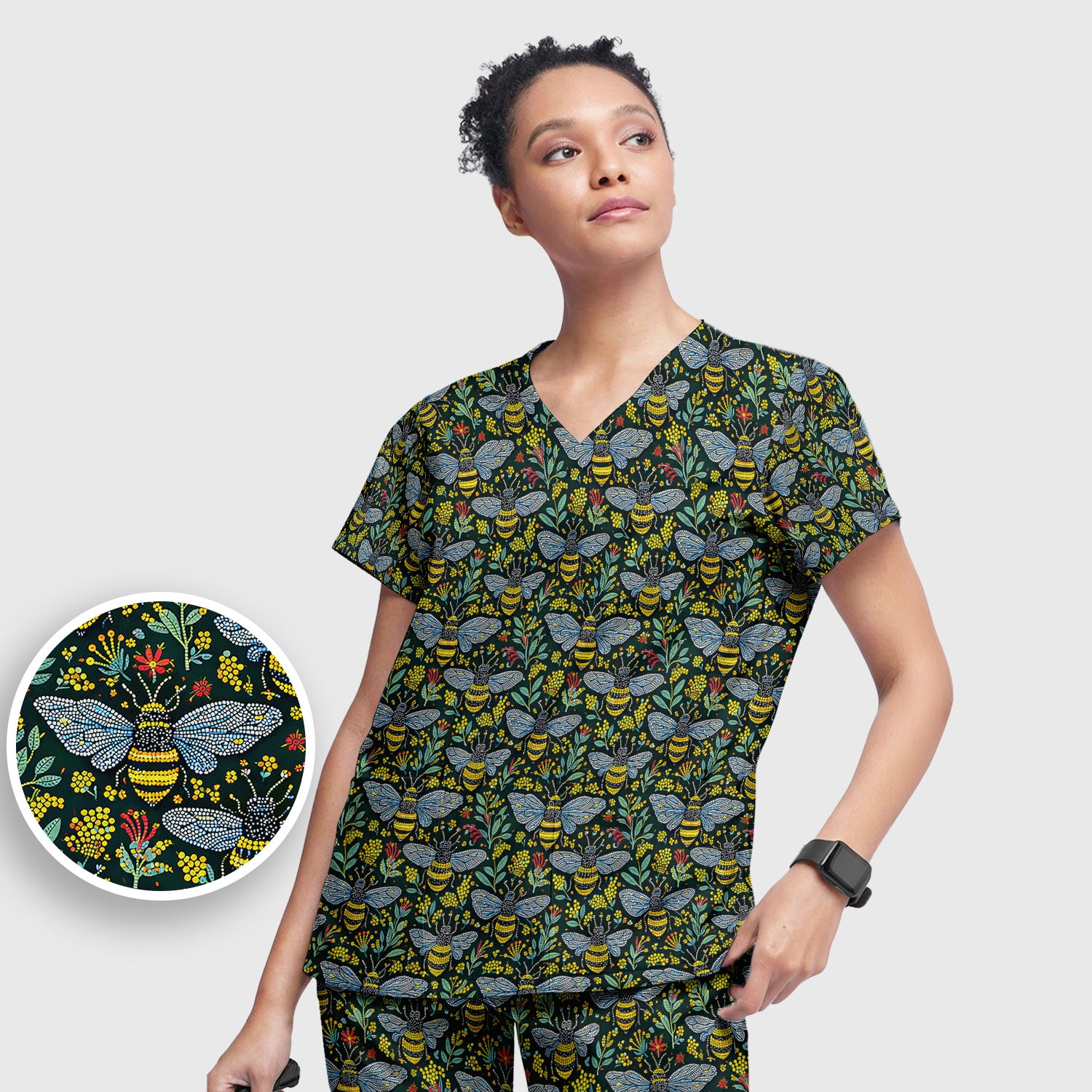 Honey Bee And Wildflower Garden Pattern Scrub Set, Scrub Pants and V Neck Top