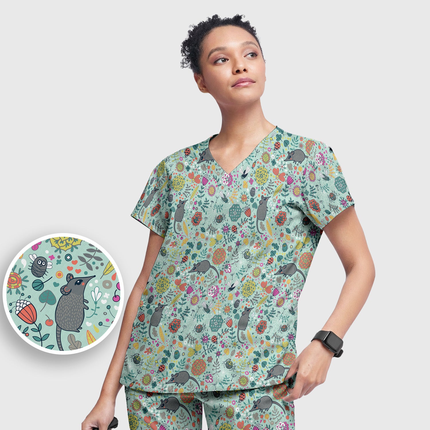Woodland Mouse Floral Pattern Scrub Set, Breathable Med Uniform