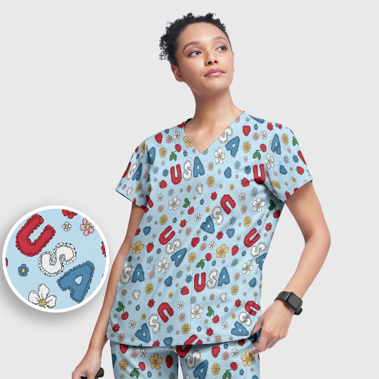 USA Cherry Strawberry Floral Patch Pattern Scrub Set, Scrub Pants and V Neck Top