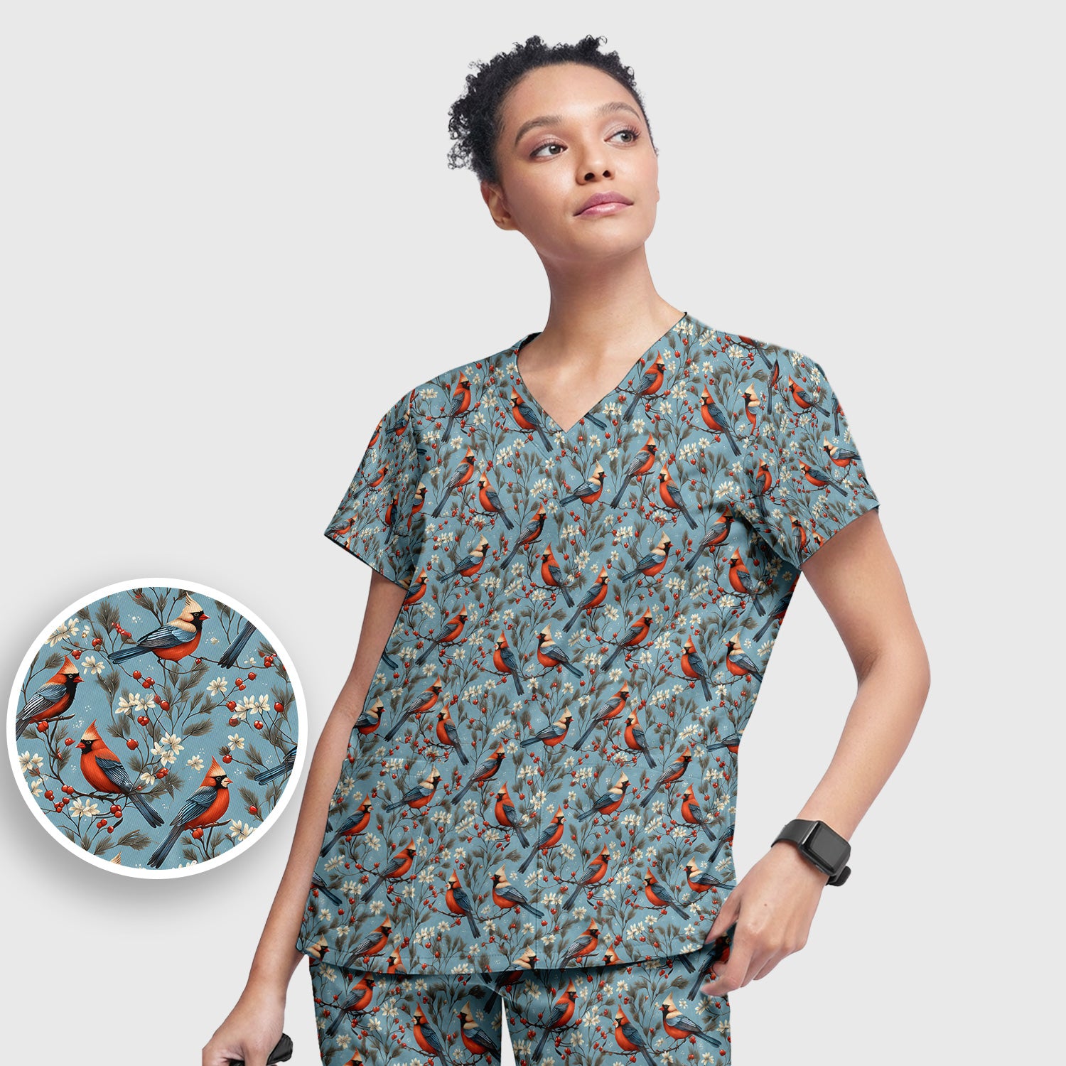 Cute Cardinal Berry Blossom Pattern Scrub Set, Scrub Pants and V Neck Top