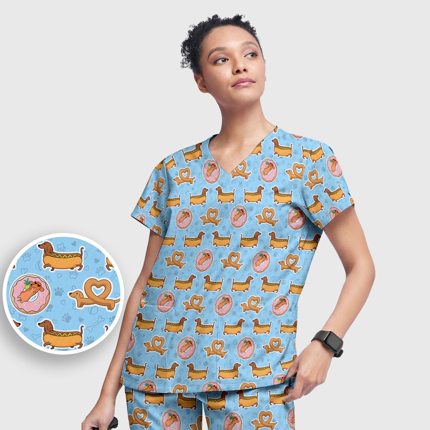 Cute Dachshund Donut Heart Pattern Scrub Set, Scrub Pants and V Neck Top