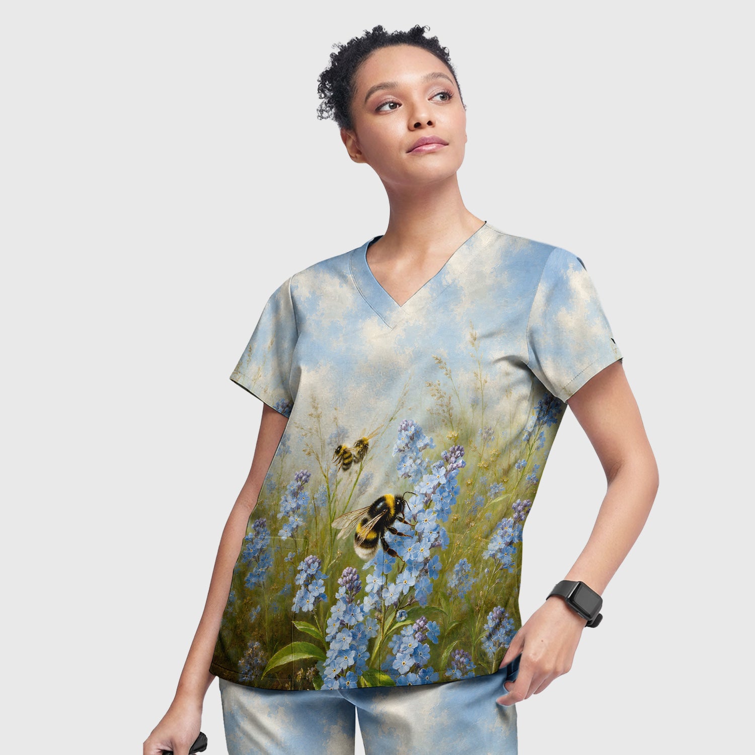 Whimsical Bumblebee Blue Blossom Pattern Scrub Set, Scrub Pants and V Neck Top