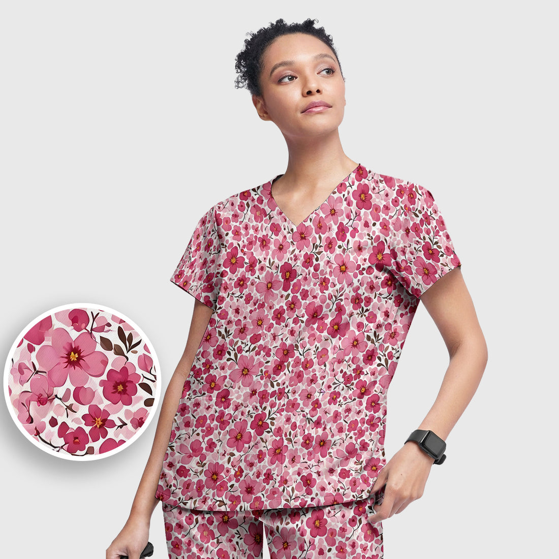 Pink Cherry Blossom Floral Pattern Scrub Set, Scrub Pants and V Neck Top