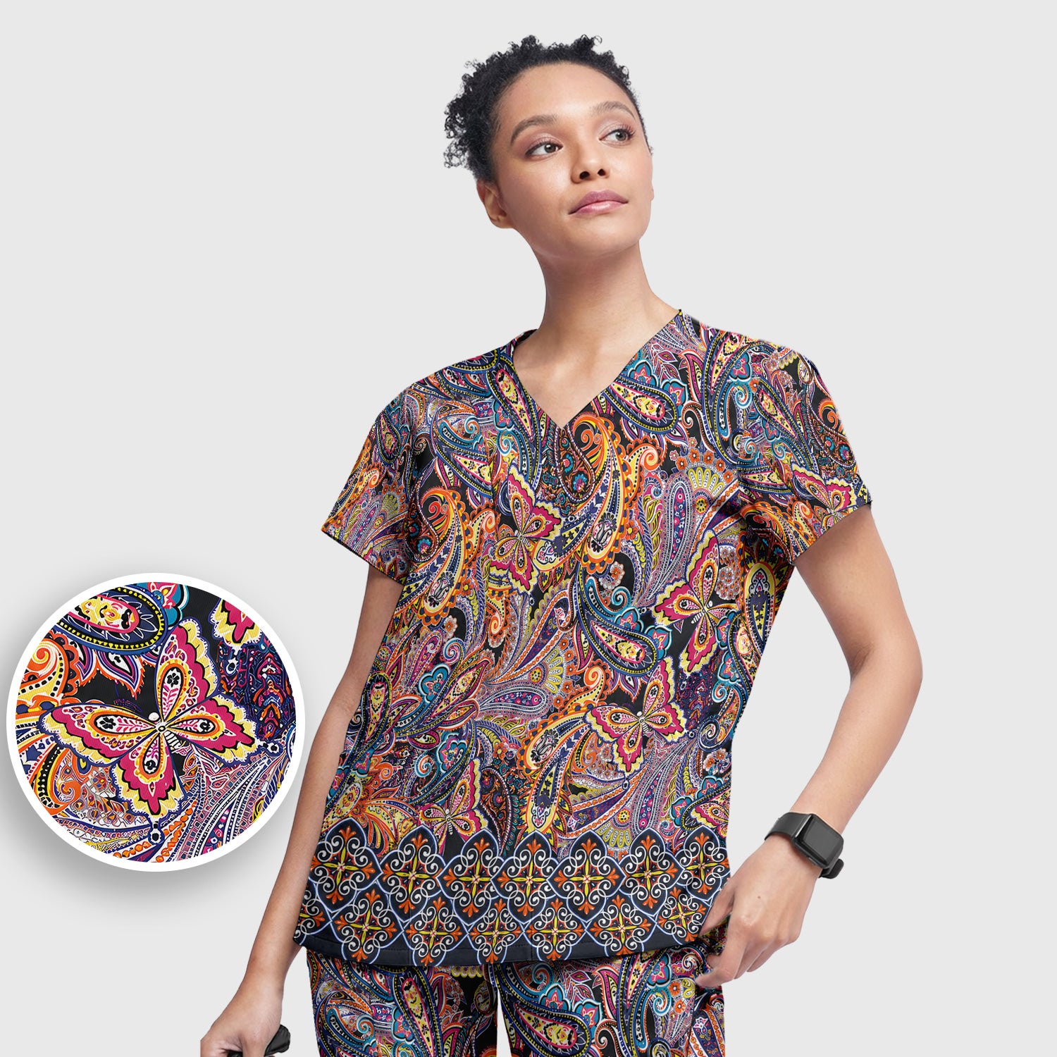 Colorful Bohemian Paisley Floral Pattern Scrub Set, Scrub Pants and V Neck Top