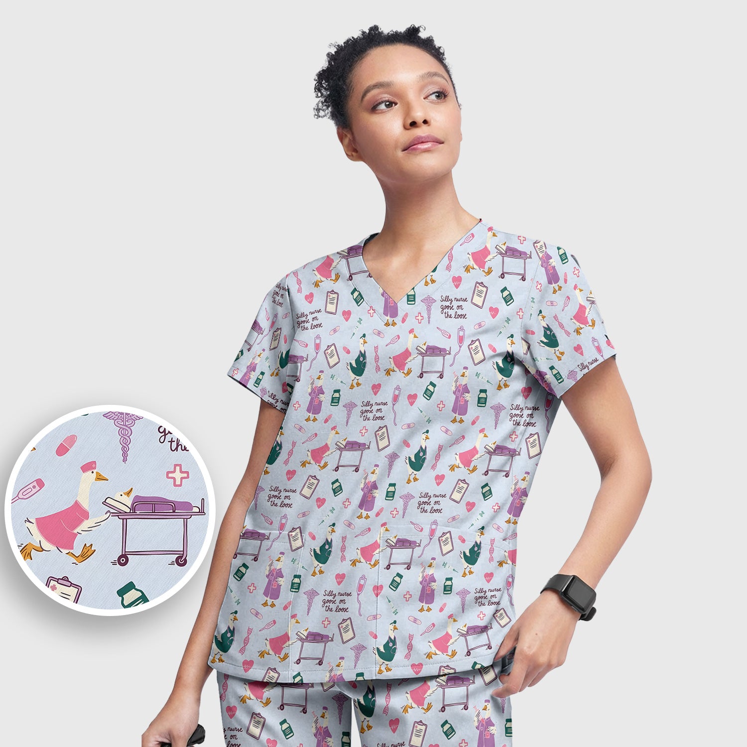 Goose Medical Humor Tools Pattern Scrub Set, Scrub Pants and V Neck Top
