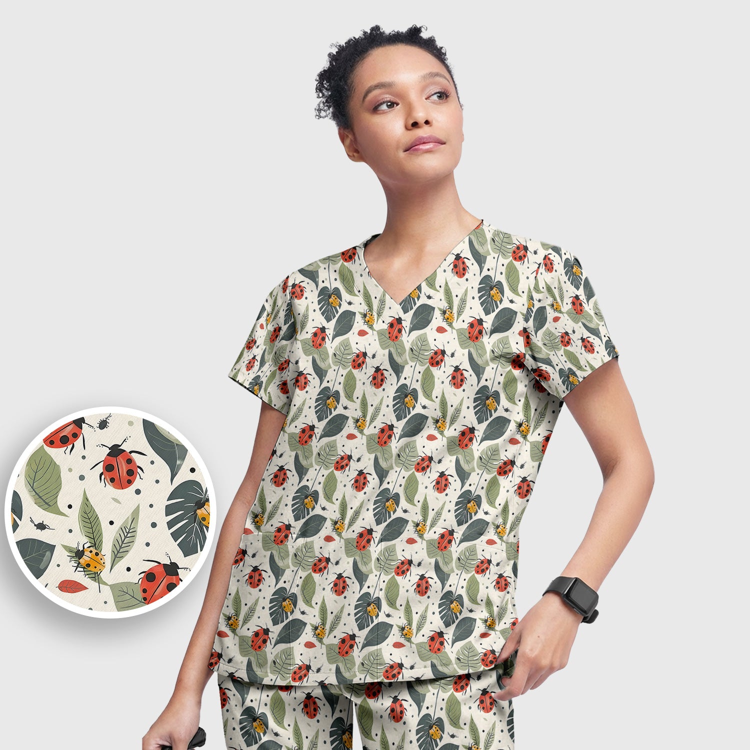 Cute Ladybug Leaf Nature Pattern Scrub Set, Scrub Pants and V Neck Top