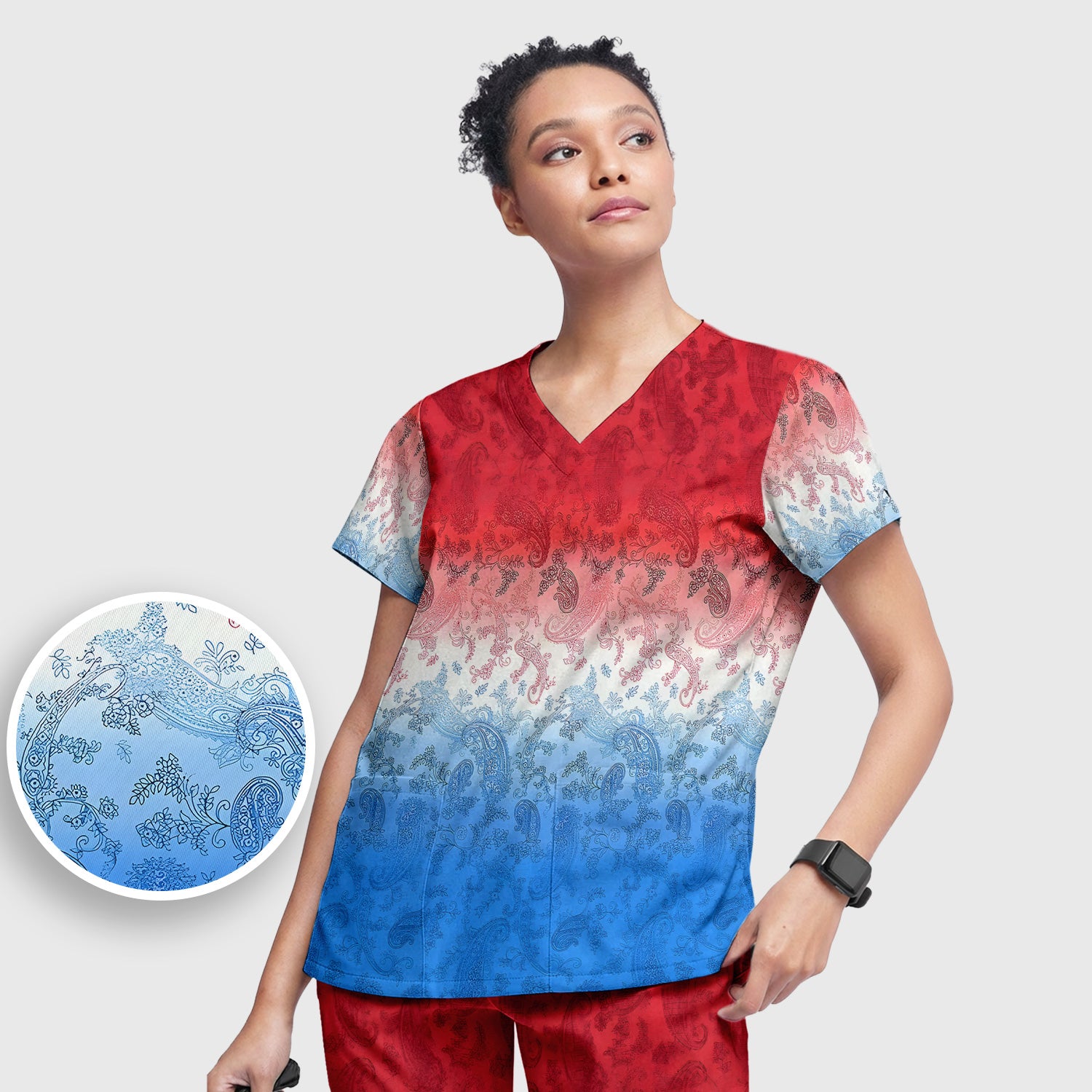 Red Blue Paisley Ombre Pattern Scrub Set, Scrub Pants and V Neck Top