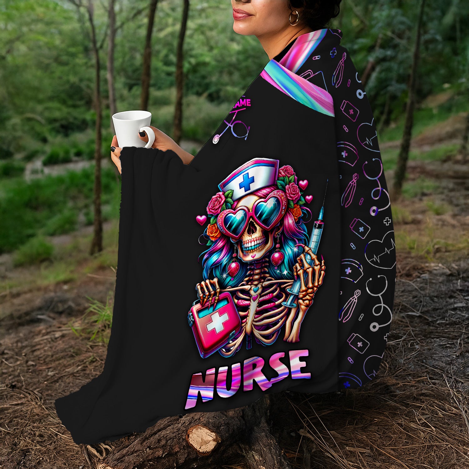 Personalized Gothic Nurse Blanket - Colorful Skeleton Holding Syringe & Med Bag - Gift for Healthcare Heroes, Halloween Fans