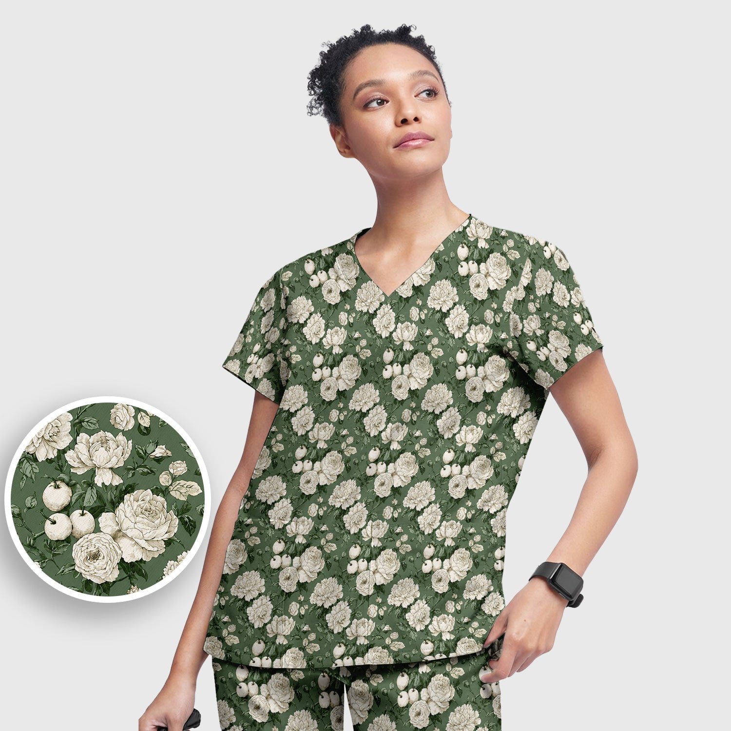 Elegant White Rose Garden Pattern Scrub Set, Scrub Pants and V Neck Top