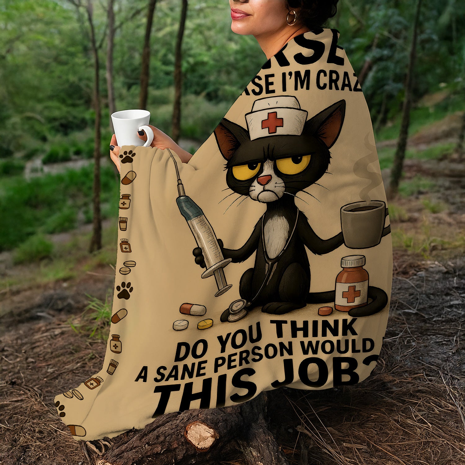 Personalized Crazy Nurse Blanket - Cute Black Cat in Scrubs with Stethoscope & Coffee Graphic - Gift Idea for Registered Nurses CNA LPN