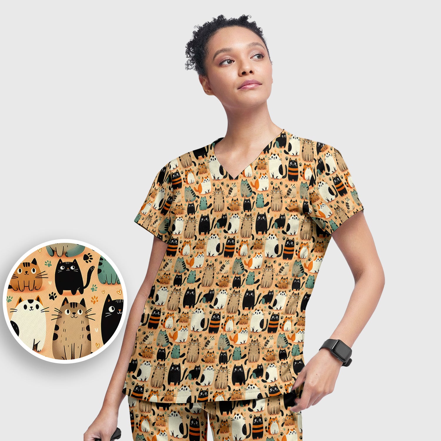 Cat Parade Doodle Pattern Scrub Set, Women's Scrub Sets