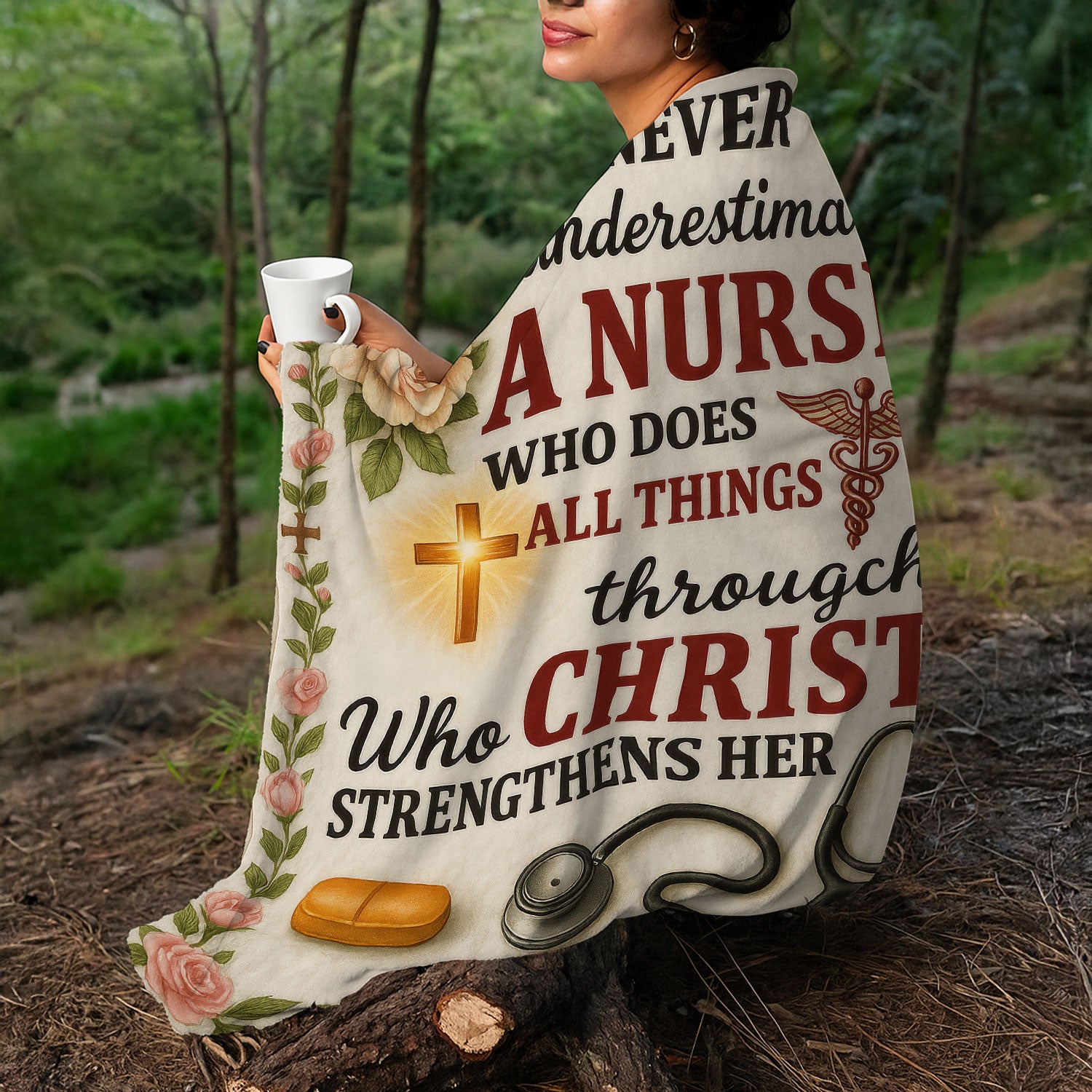 Faith-Based Nurse Blanket - Never Underestimate a Nurse Through Christ Design - Religious Gift for RN CNA LPN Women Healthcare Workers