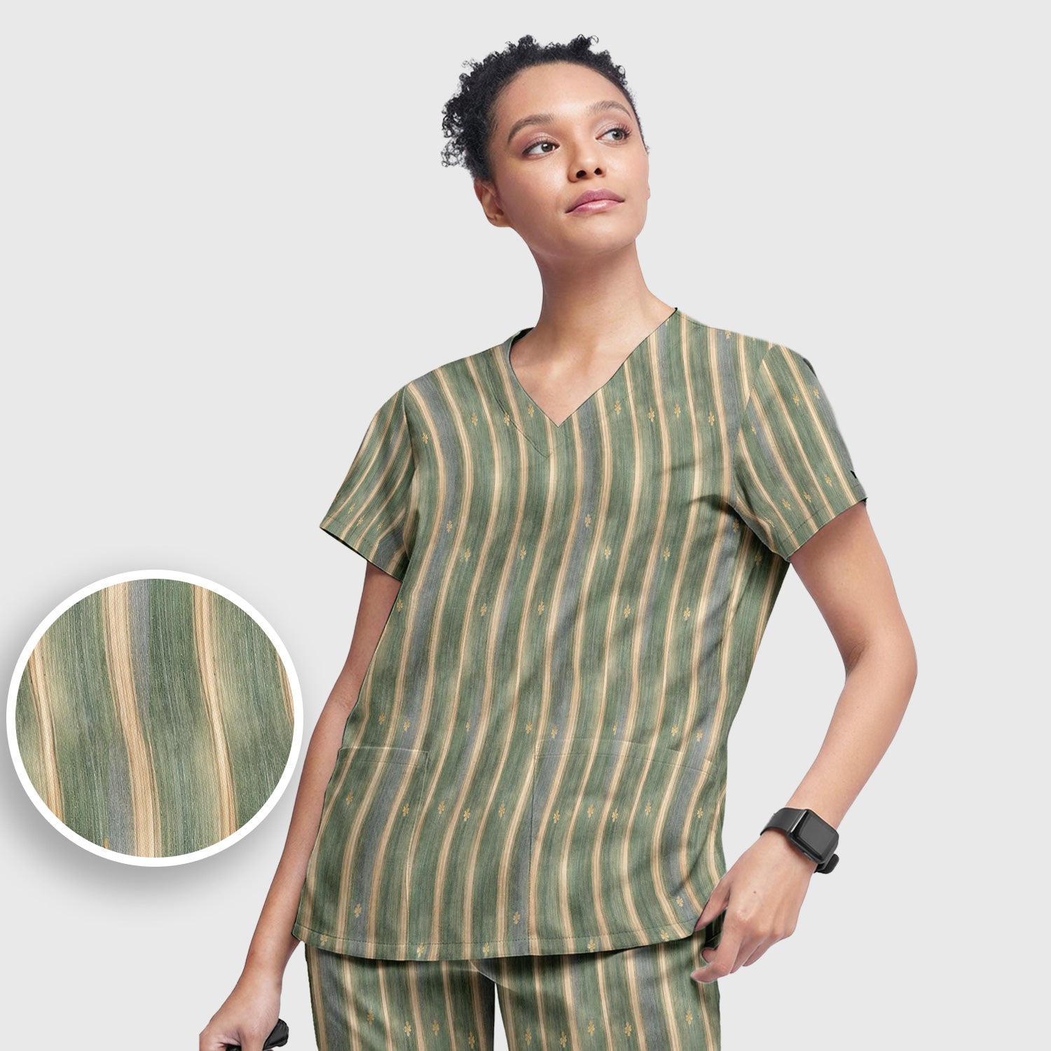 Charming Nurse Green Vertical Stripe Small Floral Pattern Scrub Set, Scrub Pants and V Neck Top