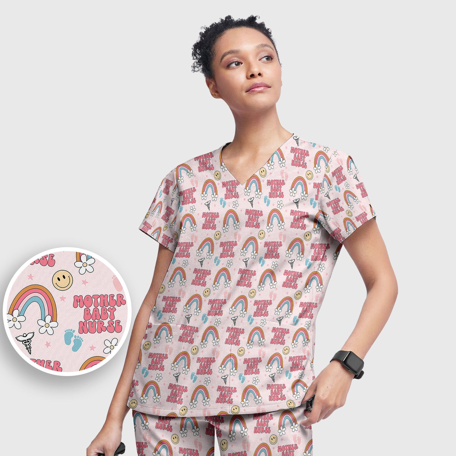 Sweet Mother Baby Nurse Rainbow Pattern Scrub Set, Scrub Pants and V Neck Top