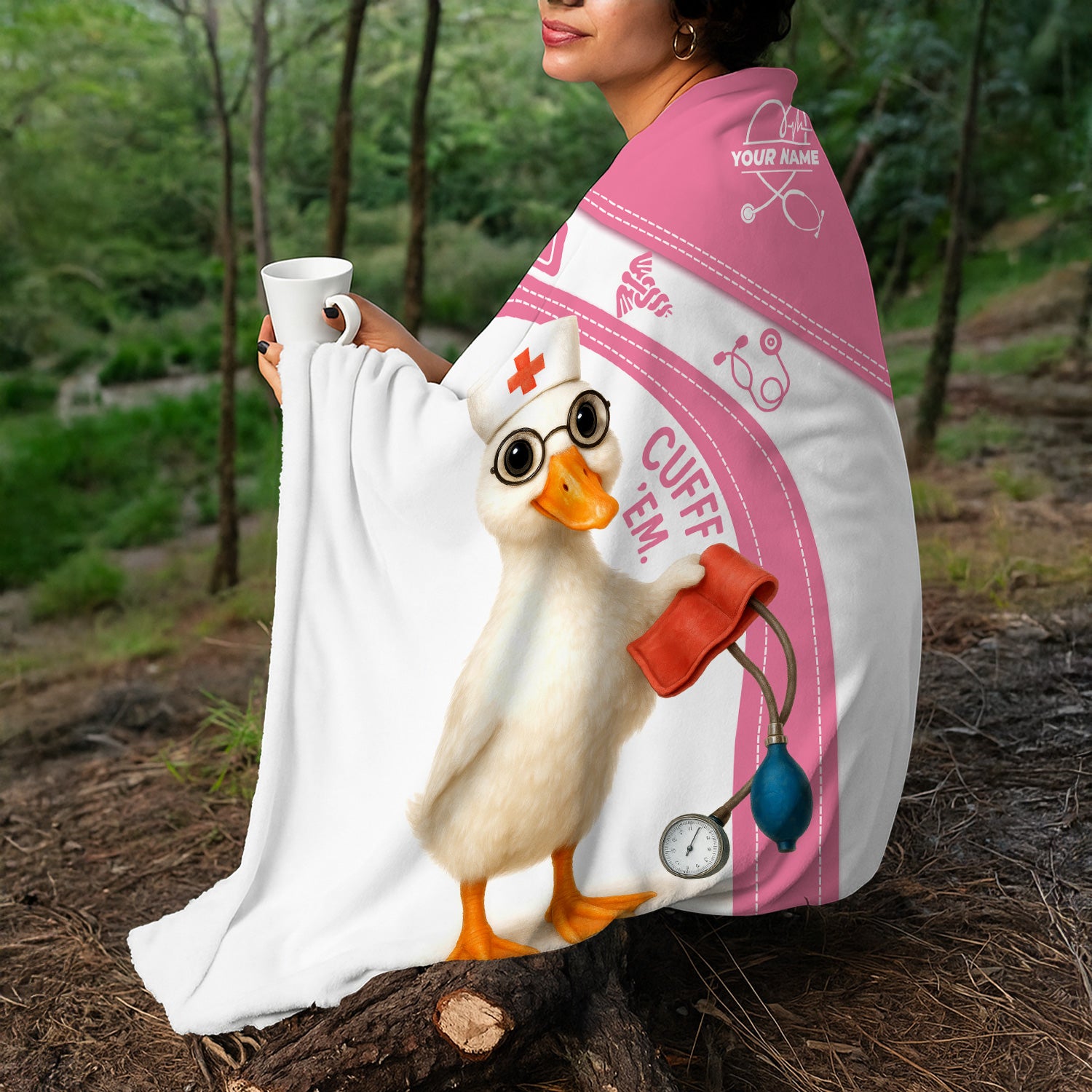 Personalized Funny Nurse Blanket - Duck Nurse with Blood Pressure Cuff Design - Custom Name Gift for RN LPN CNA Doctors and Medical Staff