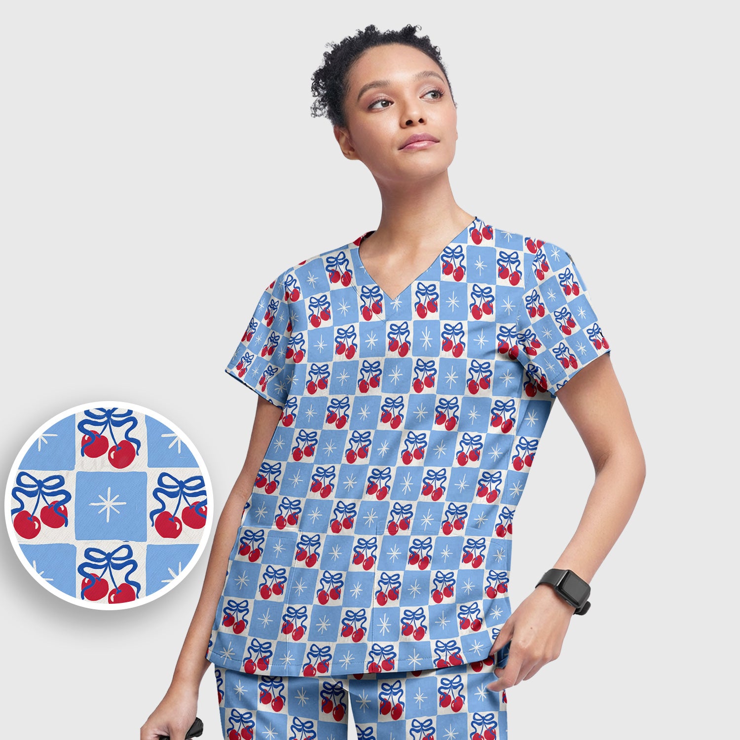 Cute Cherry Bow With Blue Gingham Check Pattern Scrub Set, Scrub Pants and V Neck Top
