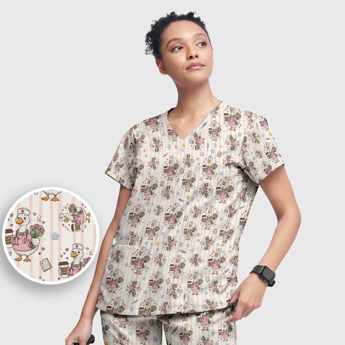 Cartoon Nurse Goose Pattern Scrub Set, Scrub Pants and V Neck Top