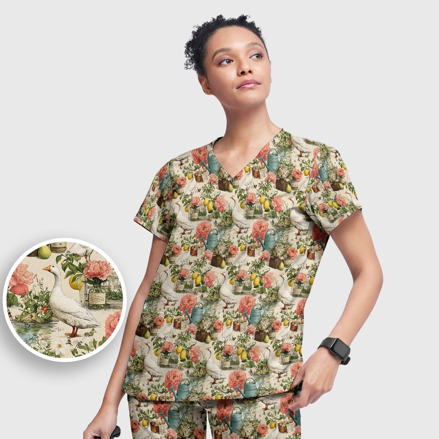 Vintage Goose Garden Floral Pattern Scrub Set, Scrub Pants and V Neck Top