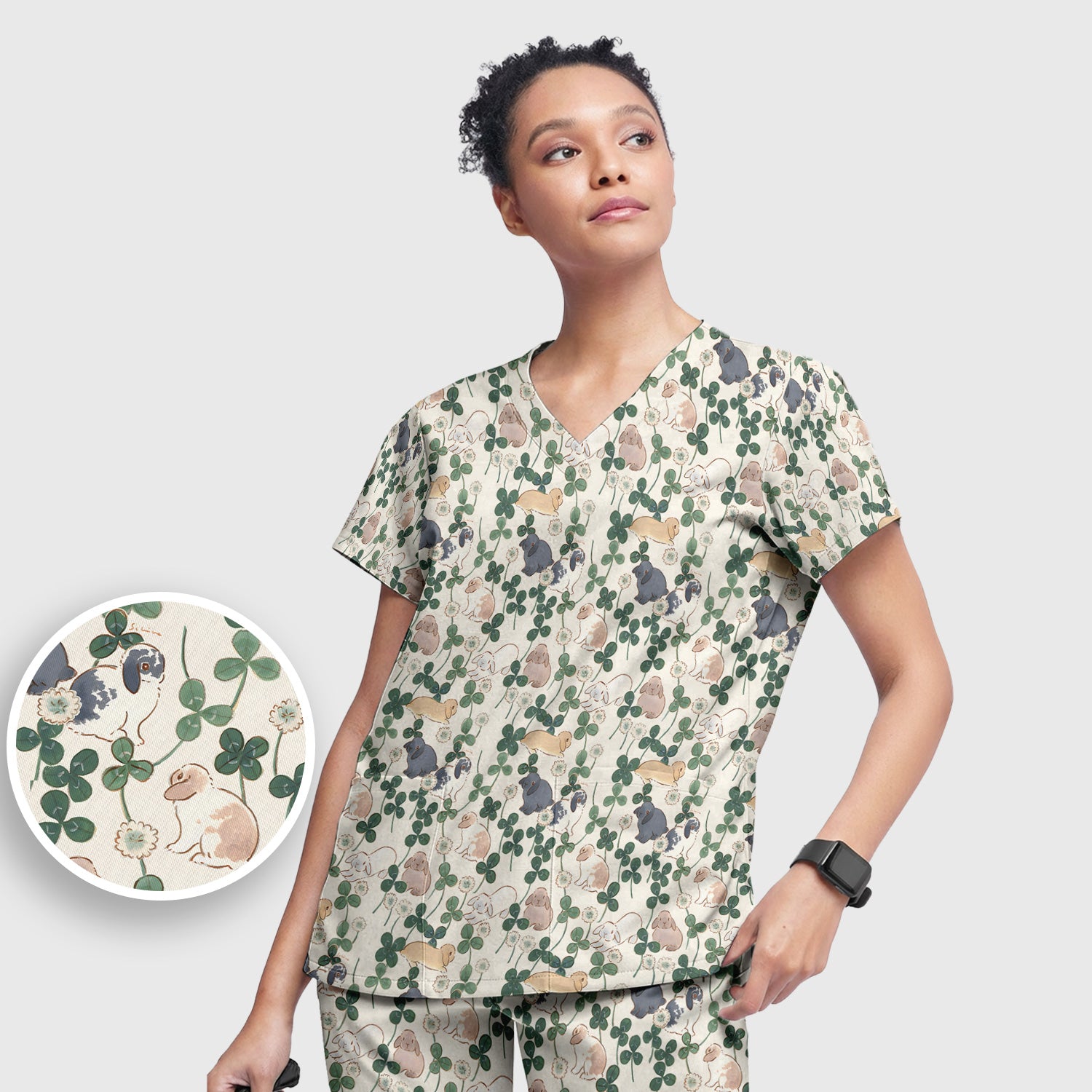 Cute Bunny Clover Garden Meadow Pattern Nurse Scrub Set, Scrub Pants and V Neck Top