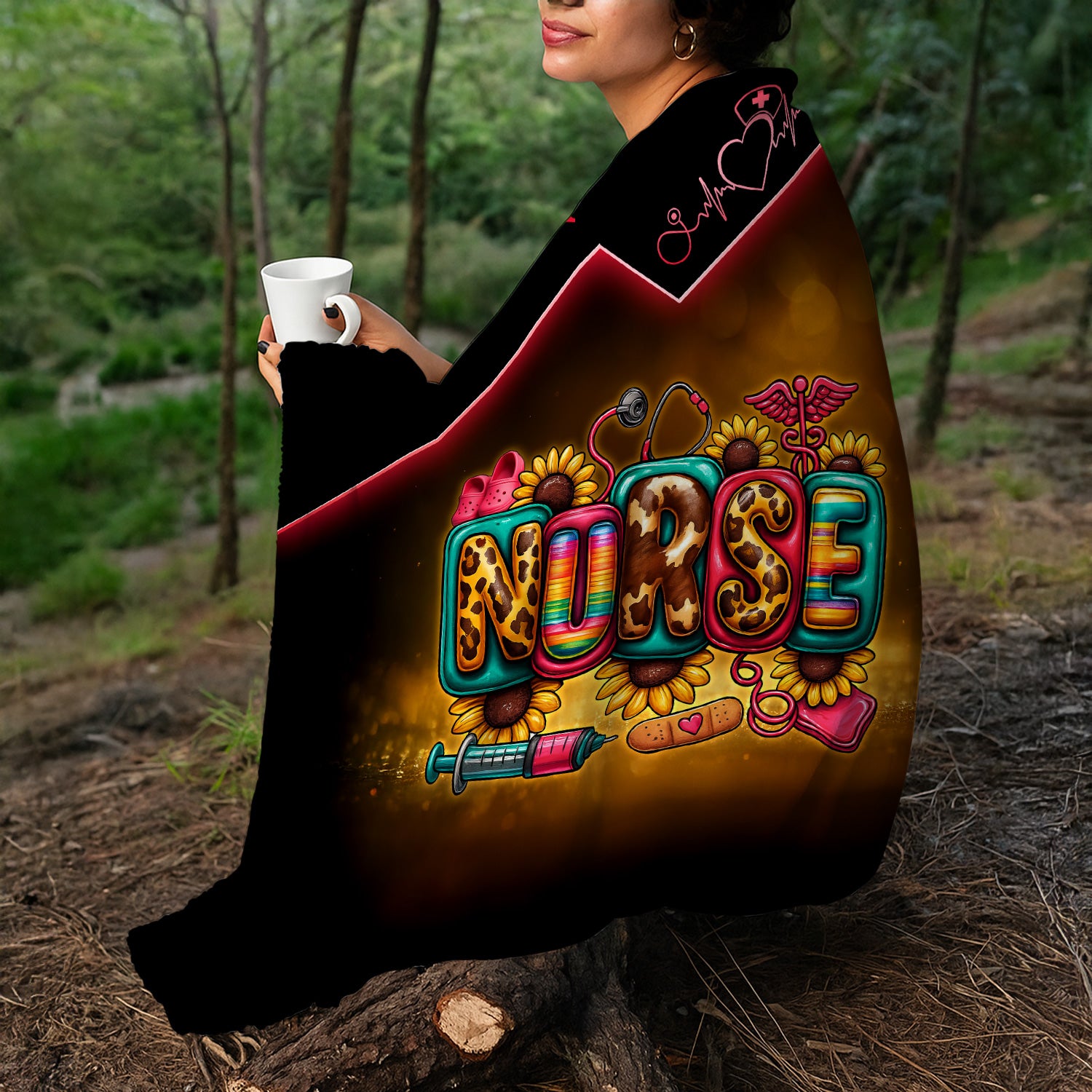 Custom Nurse Throw Blanket - Flower Medical & Syringe Graphic Design - Fun Gift for RN, LPN, Medical Staff