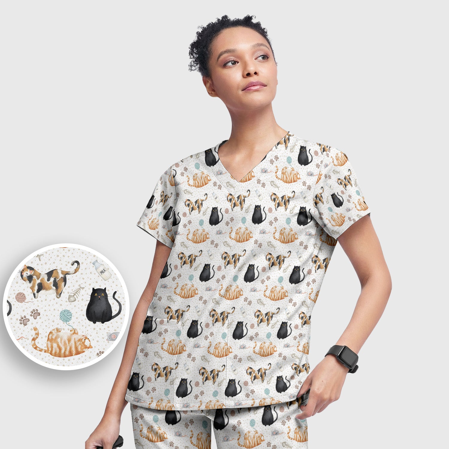 Cute Cat Yarn Paw Pattern Scrub Set, Scrub Pants and V Neck Top