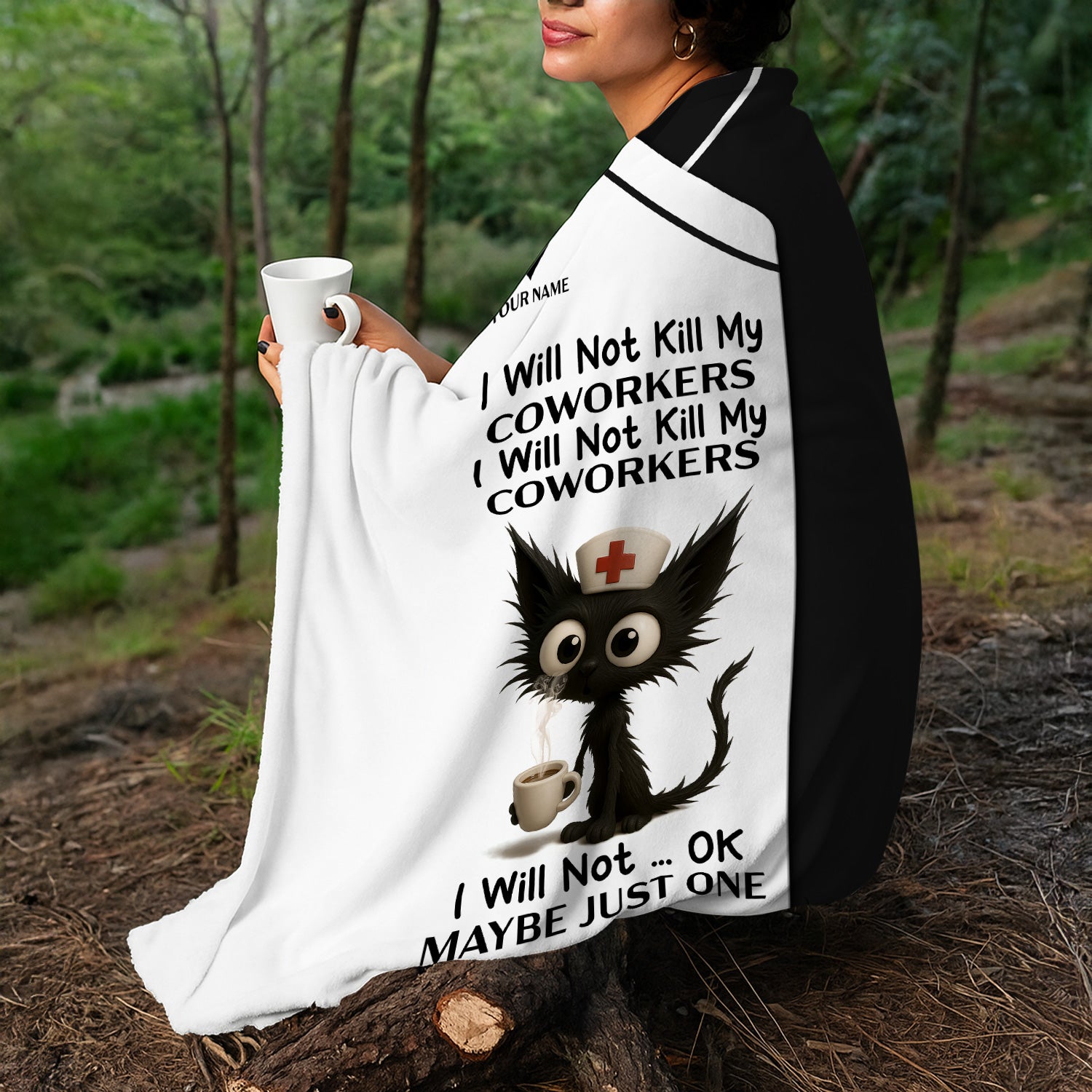 Personalized Funny Nurse Blanket with Angry Cat Quote - I Will Not Kill My Coworkers Design - Custom Name Gift for RN LPN CNA