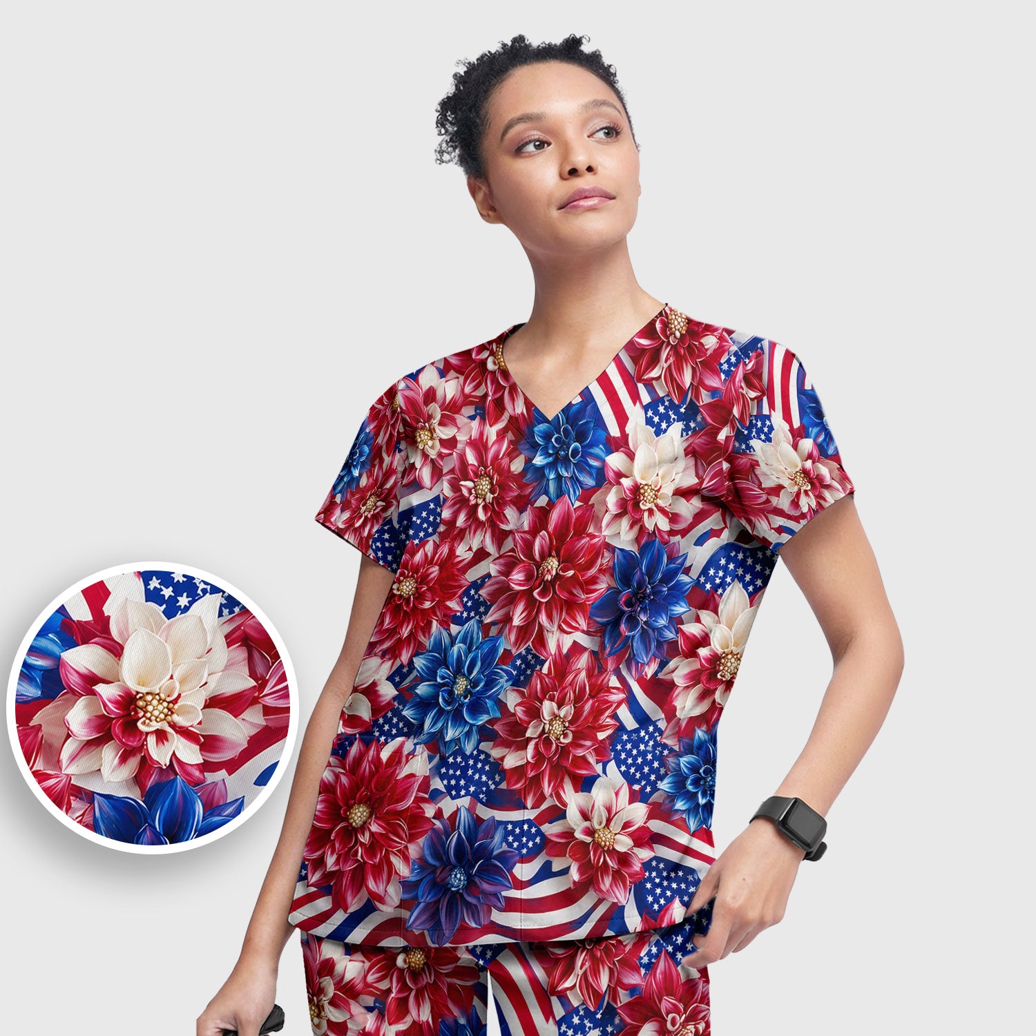 Festive Patriotic Floral Flag Pattern Scrub Set, Scrub Pants and V Neck Top