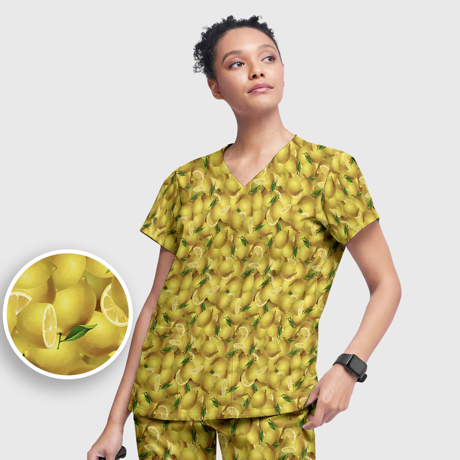 Fresh Lemon Fruit Pattern Scrub Sets, Scrub Pants and V Neck Top