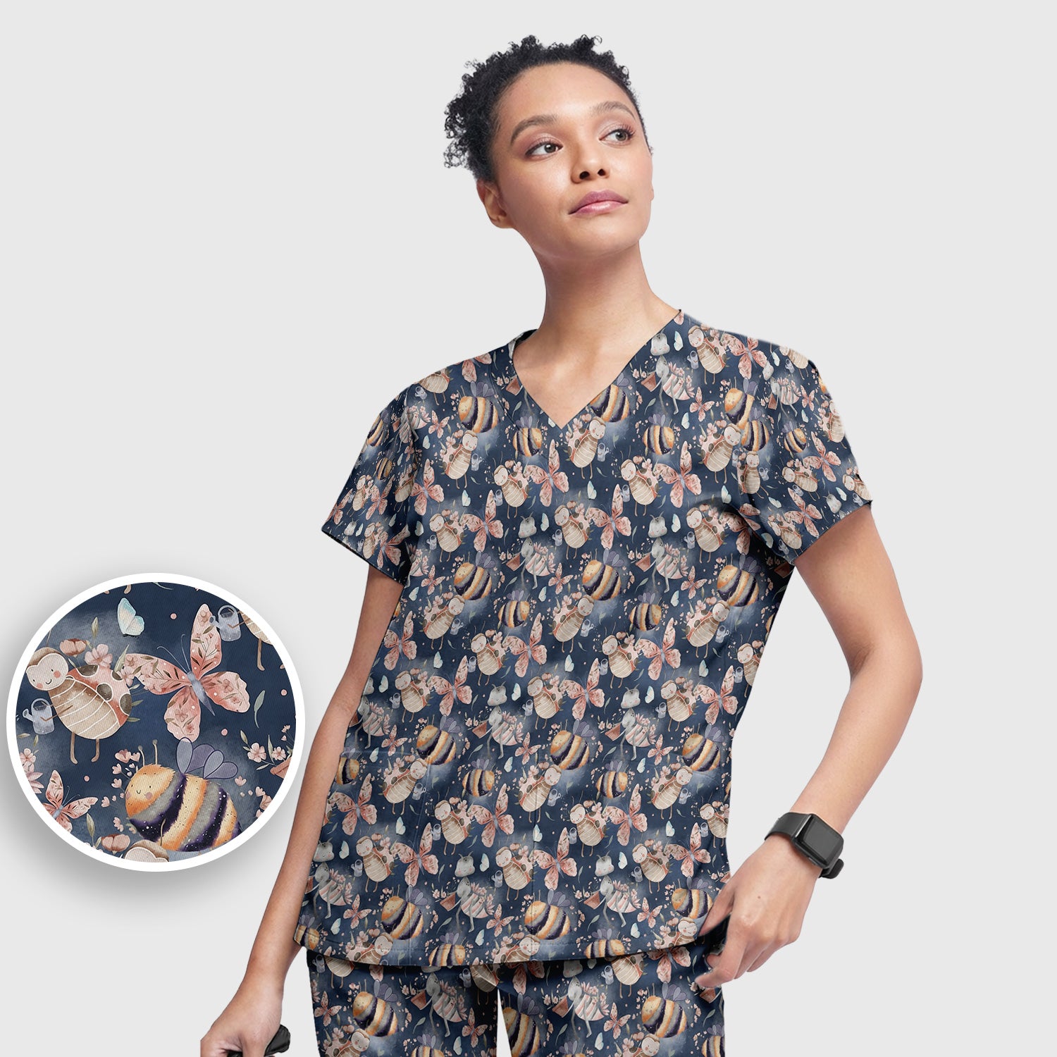 Cute Whimsical Bee Fairy Garden Pattern Scrub Set, Scrub Pants and V Neck Top