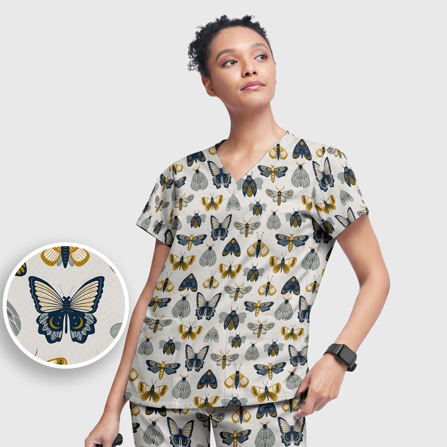 Cute Butterfly Moth Insect Pattern Scrub Set, Scrub Pants and V Neck Top