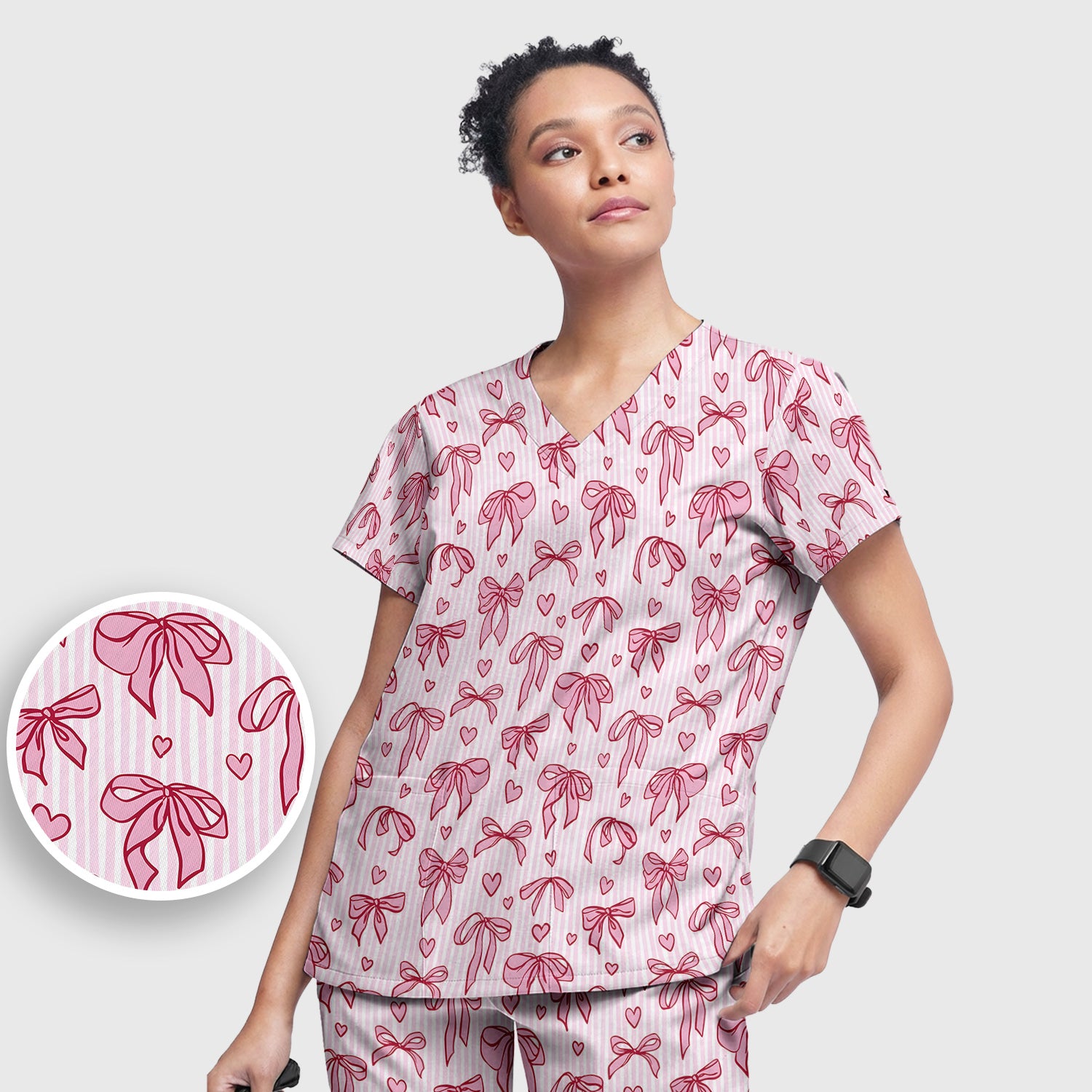 Pink Bow Heart Stripe Pattern Scrub Set, Scrub Pants and V Neck Top