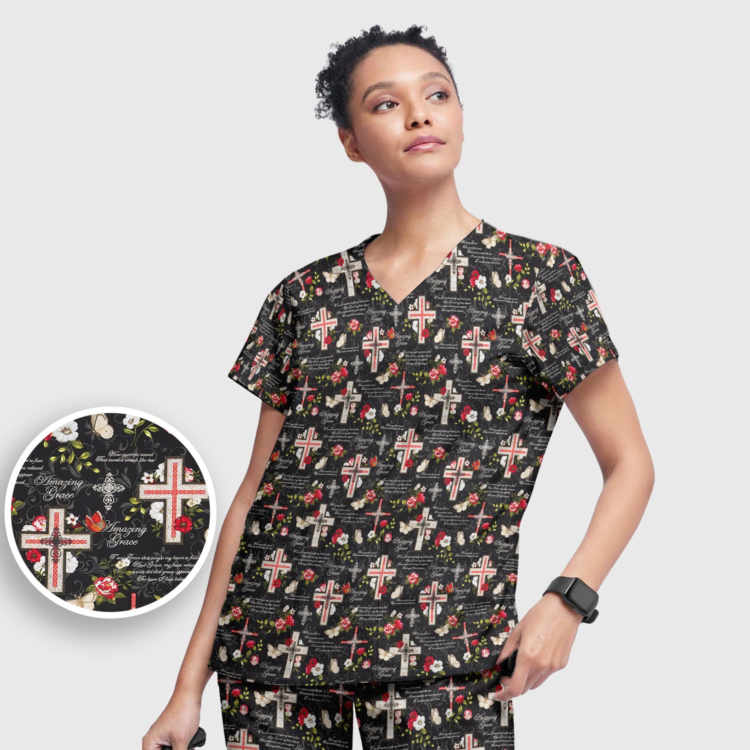 Christian Cross Roses And Butterflies Print Scrub Set, Scrub Pants and V Neck Top