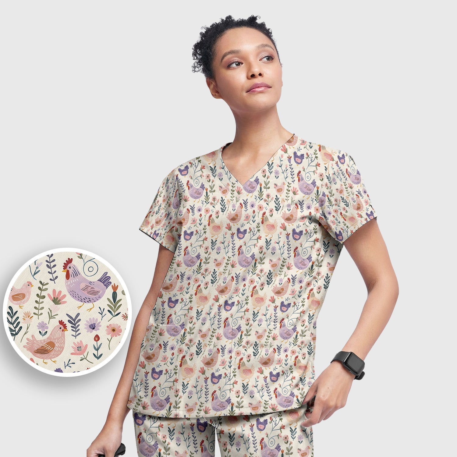 Cute Farm Chicken Floral Garden Pattern Scrub Set, Scrub Pants and V Neck Top