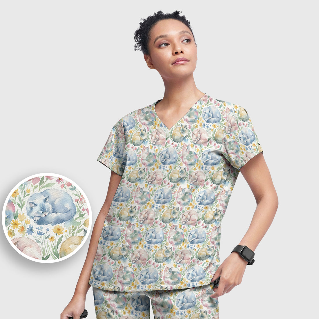Dreamy Sleeping Cat Floral Pattern Scrub Set, Scrub Pants and V Neck Top