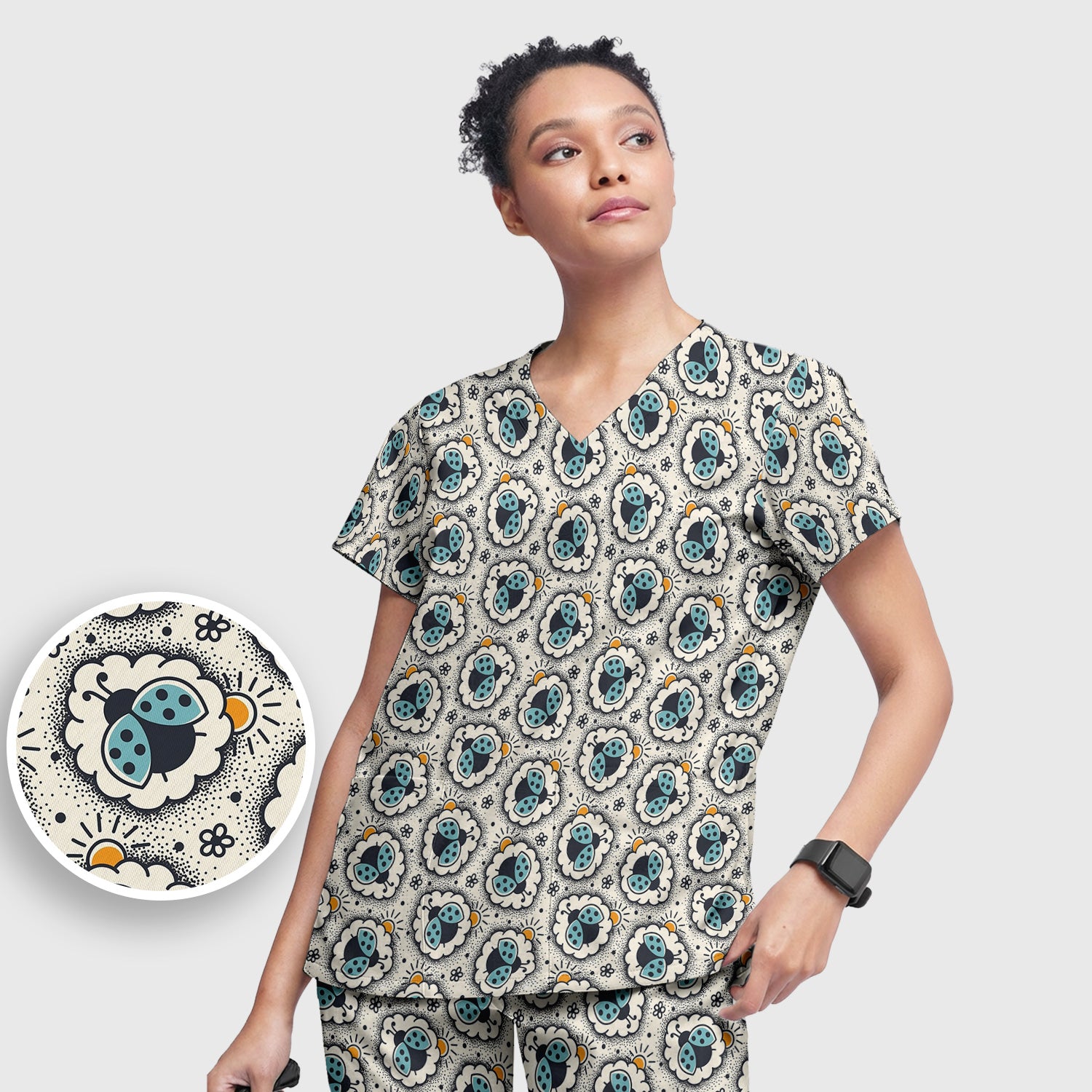 Cute Ladybug in Floral Frame Pattern Scrub Set, Breathable Med Uniform