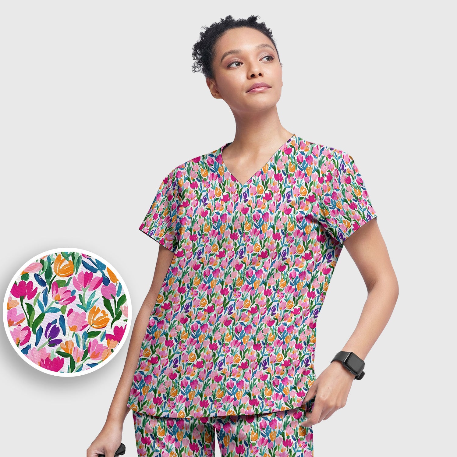 Vibrant Tulip Meadow Pattern Scrub Set, Scrub Pants and V Neck Top