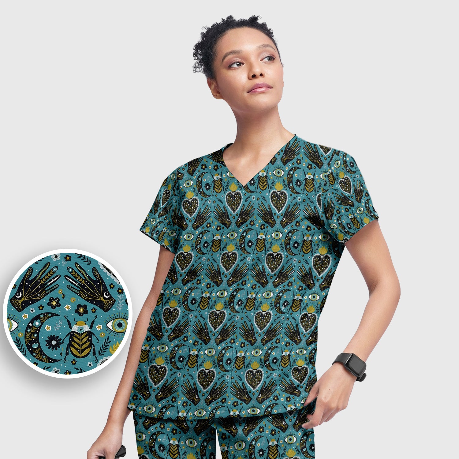 Mystic Celestial Heart & Evil Eye Pattern Scrub Set, Scrub Pants and V Neck Top